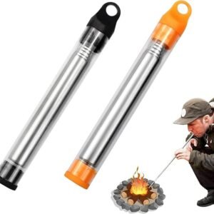 Soufflet de poche en acier inox, télescopique 8 sections, lot de 2, pour survie extérieure, camping et barbecue.