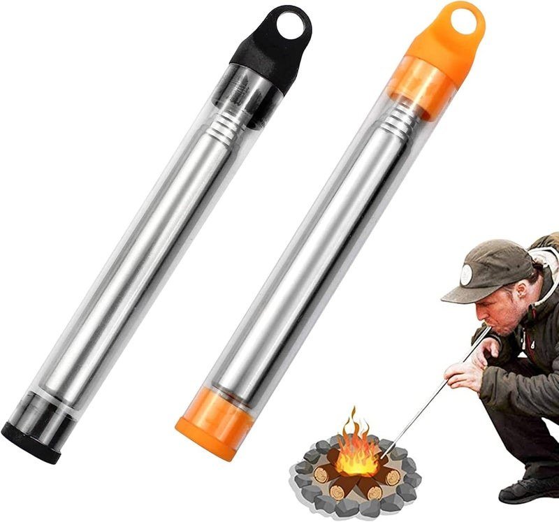 Soufflet de poche en acier inox, télescopique 8 sections, lot de 2, pour survie extérieure, camping et barbecue.