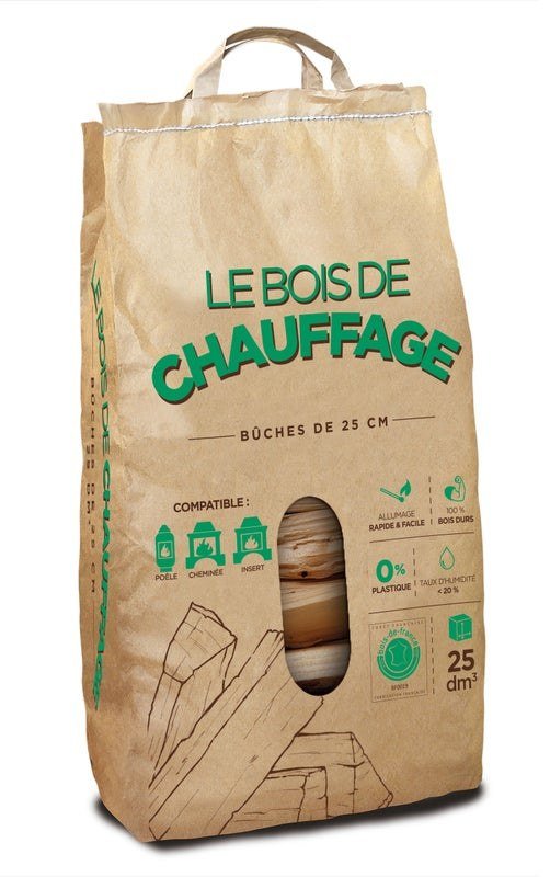 Bûches, sac kraft 25 Dm3, L25, bois dur