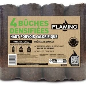 Bûche densifiée haut pouvoir calorifique Flamino - Prêt à l'emploi ≤ 12 % vendue par 4 pièces