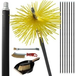 Kit ramonage cheminée - 12 pièces - Hérisson PVC - 7 cannes souples 1m40 - 2 brosses - Pelle - Conduit inox souple ou rigide - 15 cm