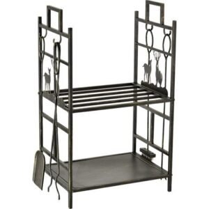 Outsunny – Serviteur de cheminée métal noir or vieilli – Range bûches 2 étagères 51,5L x 33P x 77H cm
