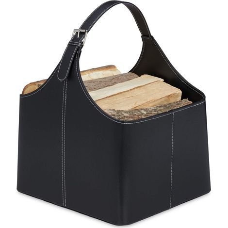 Jusch – Panier à bois similicuir noir – Dimensions 33x36x20cm