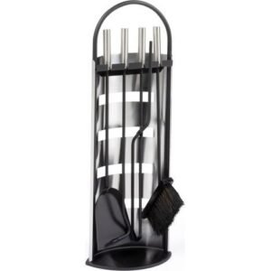 Idmarket – Serviteur de cheminée noir inox 4 accessoires – Pelle, balai, tisonnier, pince