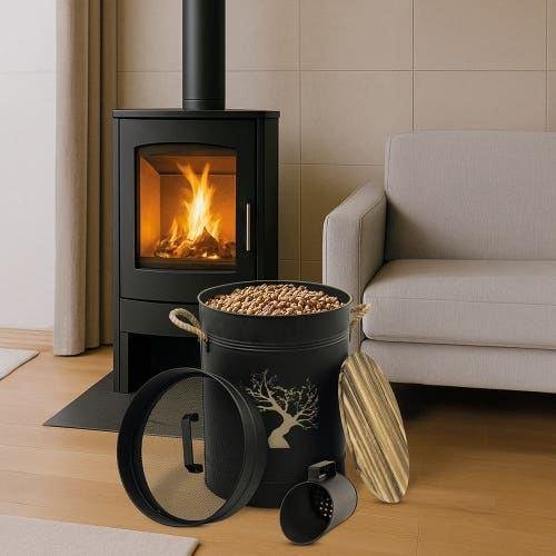 Réservoir à granulés de bois en acier noir 51 L avec pelle et tamis FACILITYS