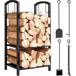 Outsunny – Serviteur de cheminée porte bûches noir 2 en 1 – Métal époxy anticorrosion