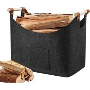 Panier à bûches Panier a Bois avec Poignée Renforcée, Panier Rangement, Sac à Bois pour Cheminée Sac en Feutre, Journaux, Jouets, Magazines (55 x 32 x 40 cm)