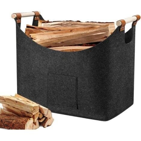 Panier à bûches Panier a Bois avec Poignée Renforcée, Panier Rangement, Sac à Bois pour Cheminée Sac en Feutre, Journaux, Jouets, Magazines (55 x 32 x 40 cm)