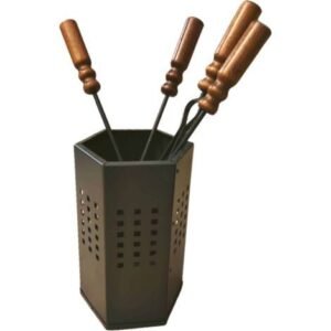 Kekai – Serviteur de cheminée en fer forgé avec poignée en bois – Ensemble de 4 pièces 29 cm