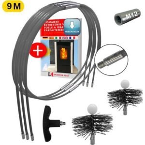 kit de ramonage poêle pellet 9mètres- hérisson 80 et 100 mm EASYFLEX- 16 cannes flexible -SHAFFER PRO