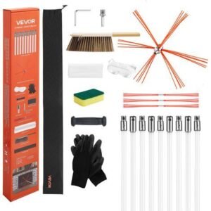 VEVOR Kit de Ramonage 9 m Brosse de Cheminee Extensible, avec Poils de Rechange, Tiges en Nylon, Lunettes de Protection, Outils de Nettoyage de Foyer pour Cheminees Carrees, Rectangulaires, Arquees
