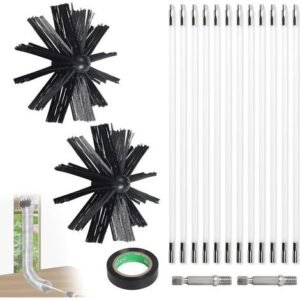 4.8m Kit de Ramonage Poêle a Pellets, Hérisson Ramonage Diamètre 150mm, 9 Tiges de Ramonage Flexible de 410 mm, Utilisable avec Perceuse Visseuse pour Cheminée, Tuyaux, Sèche-Linge