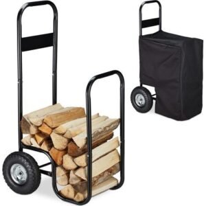 Relaxdays – Chariot à bois noir en acier et caoutchouc – Capacité 60 kg