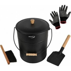 Seau cendres couvercle 15 L acier noir - kit 4 accessoires cheminée