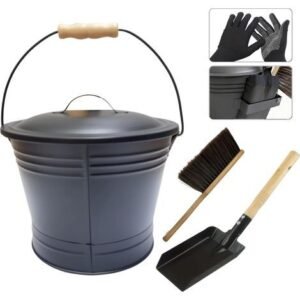 AMXCNOY Kit complet ramonage cheminée : seau à cendres avec pelle, balayette, gants et support - Poignée bois thermorésistante pour poêle à bois et barbecue