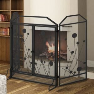 Pare-feu pliable en acier noir et métal avec 2 portes à fermeture magnétique, 125 x 80 cm