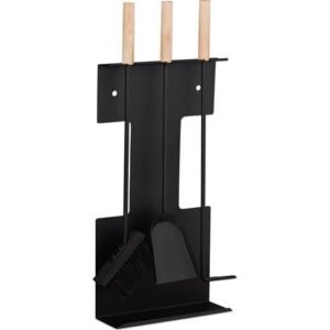 Relaxdays – Serviteur de cheminée 4 pièces en acier noir – Pelle, balai, tisonnier