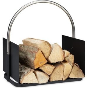 Relaxdays – Panier à bois en acier noir mat – Poignée nickelée
