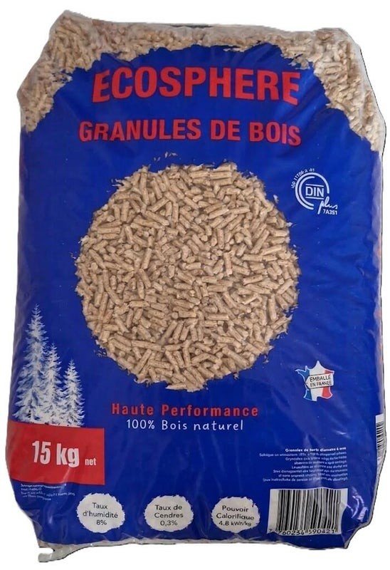 Granulés de bois — sac de 15 kg, emballage ECOSPHERE