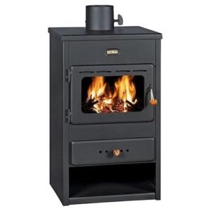Prity – Poêle à bois 9 kW – Efficacité 75-80% – Rangement pour séchage – Chambre de combustion doublée briques réfractaires – Ø tuyau 130 mm