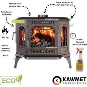 Poêle à bois en fonte 10.5 kW — Capacité de chauffage 105 m²