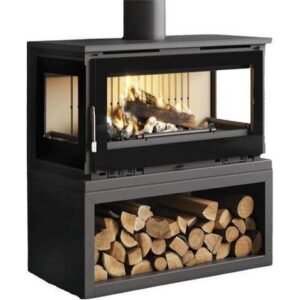 Fm Calefaccion – Poêle à bois raccordable 3 vitres – Puissance 13.5 kW – Évacuation des fumées supérieure – Système double combustion – Vision panoramique