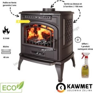 Poêle à bois en fonte 9.3 kW — Rendement 65,9 %