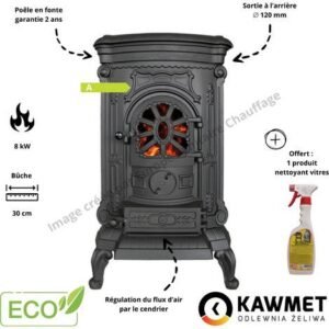 Poêle à bois en fonte 8 kW — Rendement 78.1%