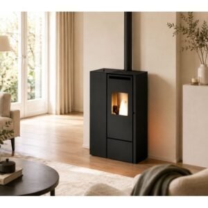 Punto Fuoco – Poêle à granulés étanche slim canalisable 9.9 kW – Écran LCD – Canalisation jusqu'à 6m – Classe énergétique A+ – Foyer en acier